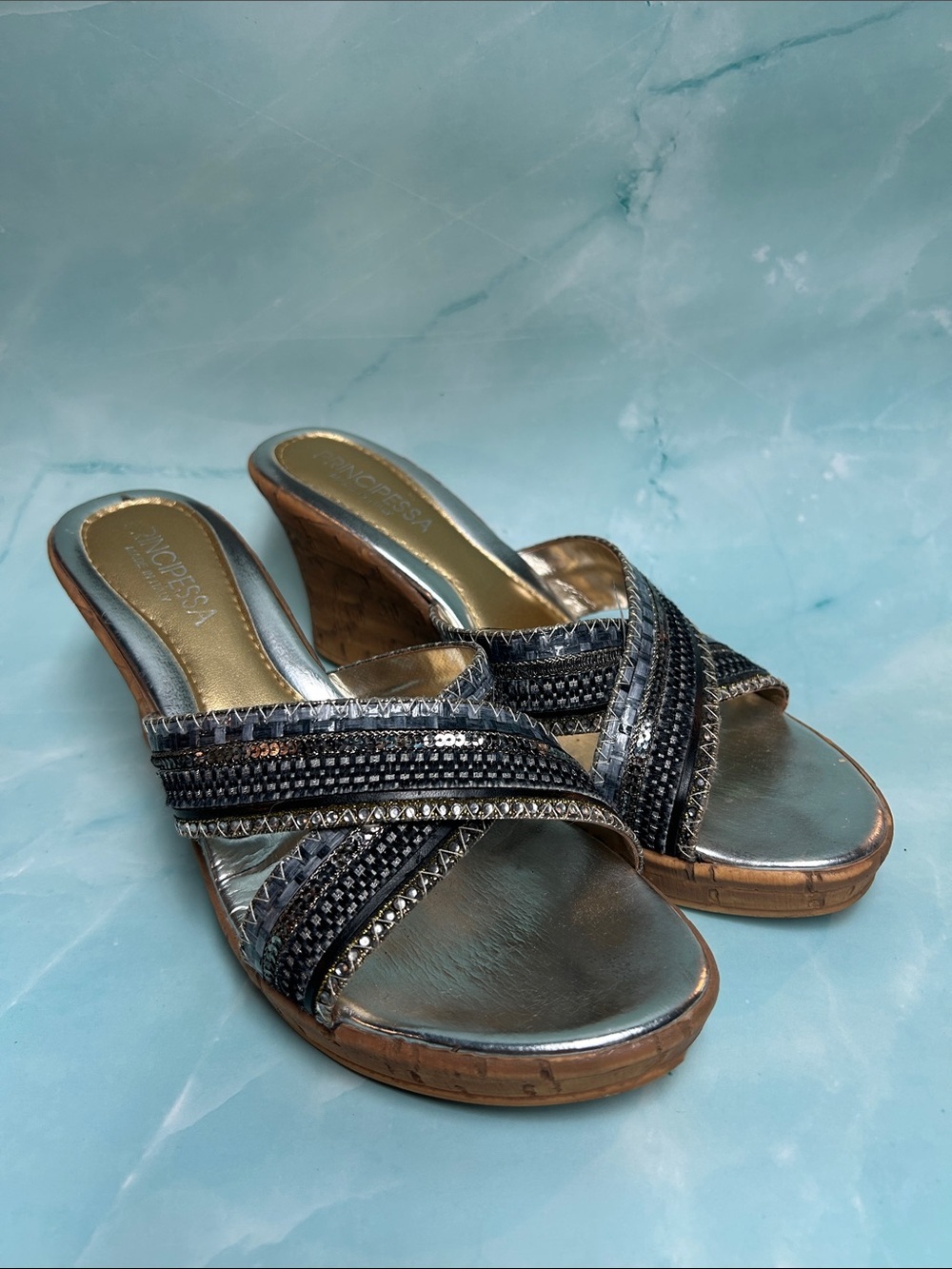 Principessa made Italy Silver and Black Beaded Wedge Slide Mules